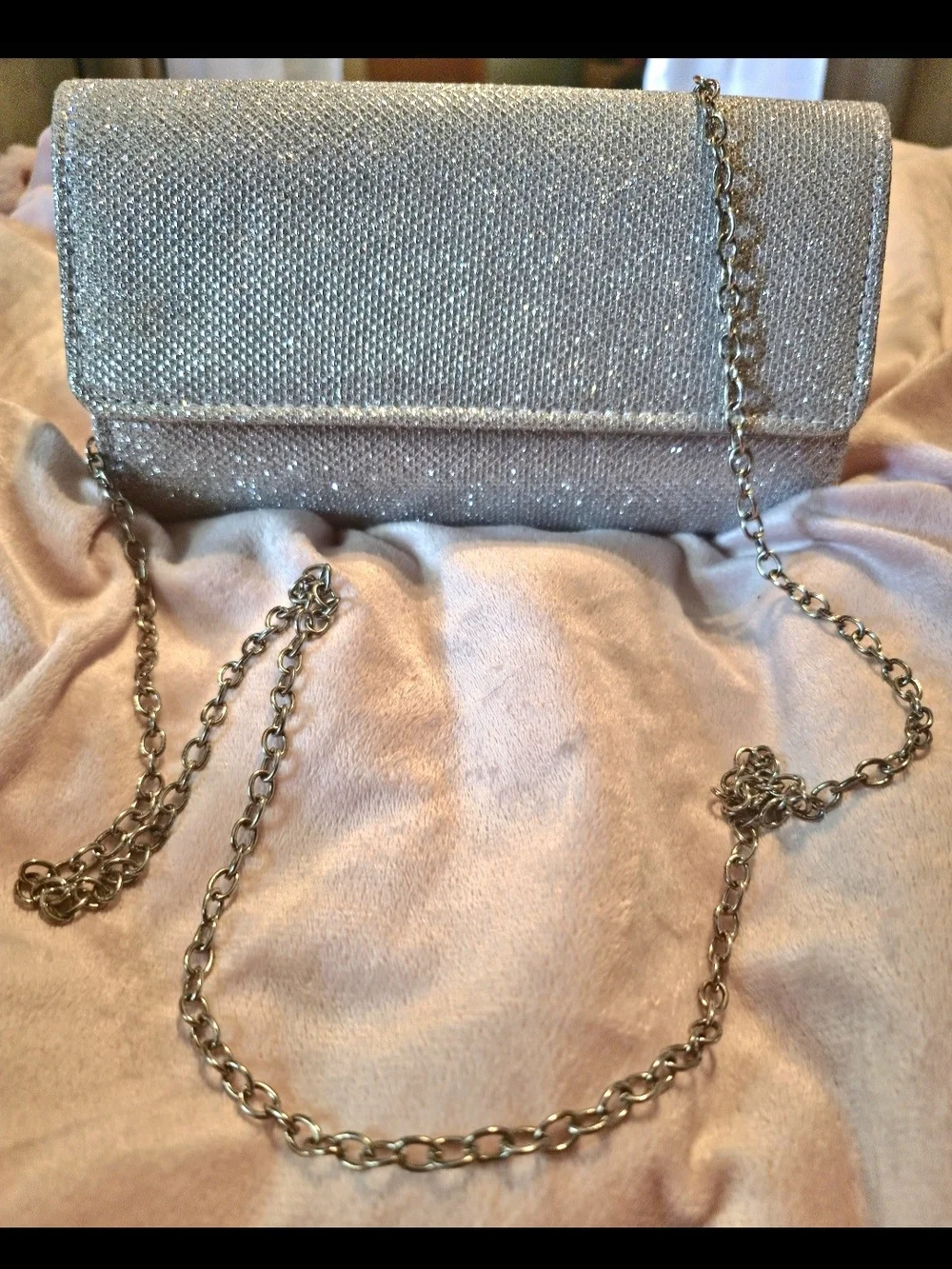 Silver Glitter Evening Clutch with Chain Strap